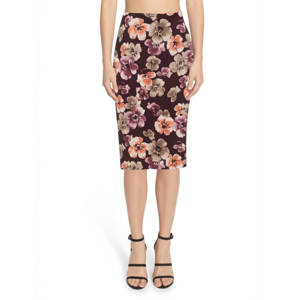 NWT RETROLicious Dark Purple Floral Print Back Zipper Slit Skirt L